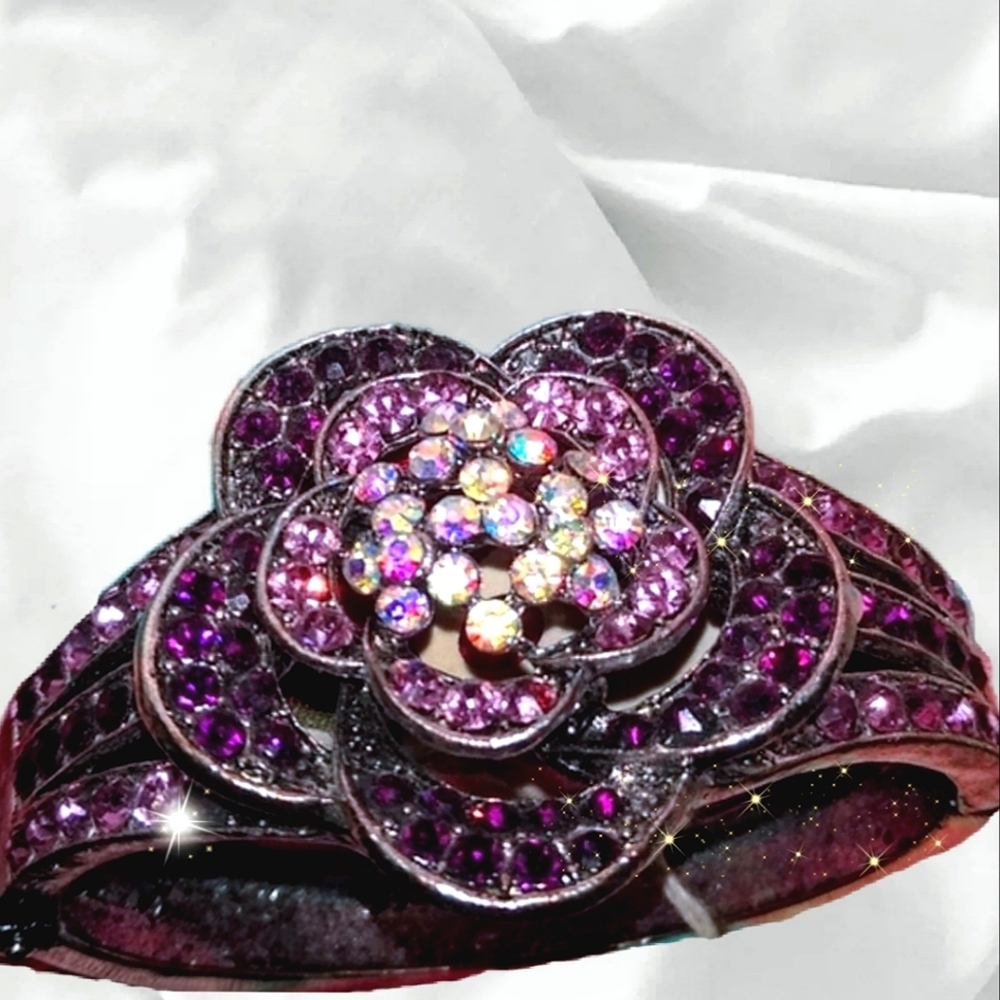 Purple Diamante Crystal Flower Cuff Bangle - Picture 1 of 13
